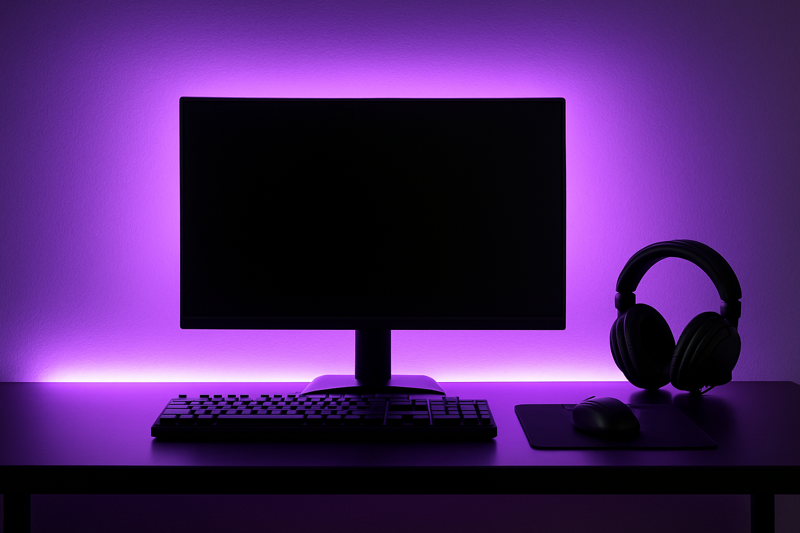 A gaming desk with an LED strip in a frosted channel along the back edge, casting a smooth, diffused neon-purple glow on the wall behind it.