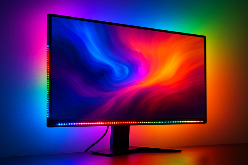 A close-up of the back of a gaming monitor, showing an RGBIC LED strip projecting vibrant colors onto the wall that perfectly match the on-screen action.