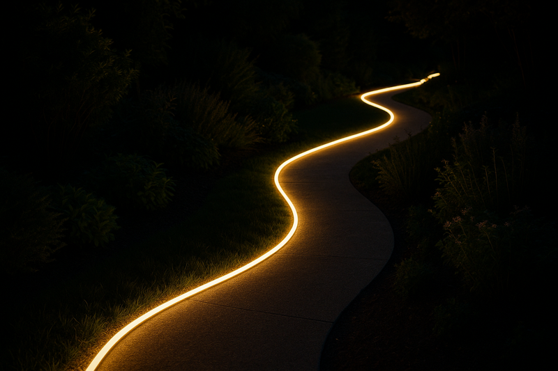 A winding garden path at night, subtly and continuously lit by a hidden IP68 LED strip along its edge, creating a magical effect.