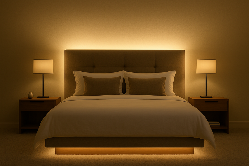 A stylish bedroom with an upholstered headboard that has a warm, inviting halo of light emanating from behind, casting a soft glow on the wall.