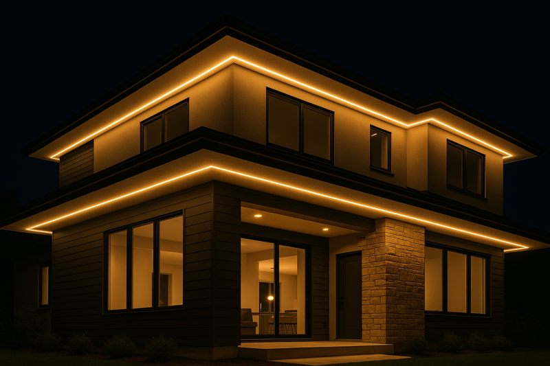 A beautiful modern home at night with warm white, waterproof LED strips installed under the soffits, highlighting the building's architectural lines.