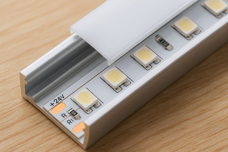 A close-up shot of a non-waterproof IP20 LED strip mounted inside an aluminum channel, highlighting the exposed LEDs and circuit board.