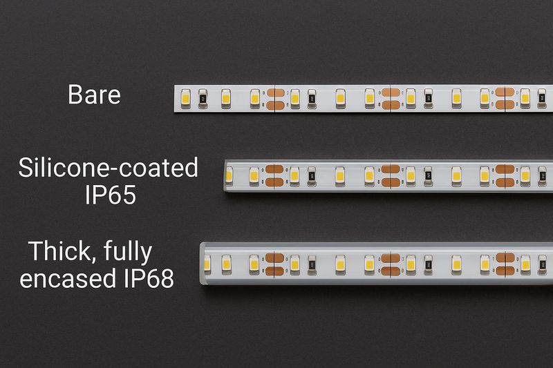 A side-by-side comparison photo showing a bare non-waterproof LED strip next to a silicone-coated IP65 strip and a thick, fully encased IP68 strip