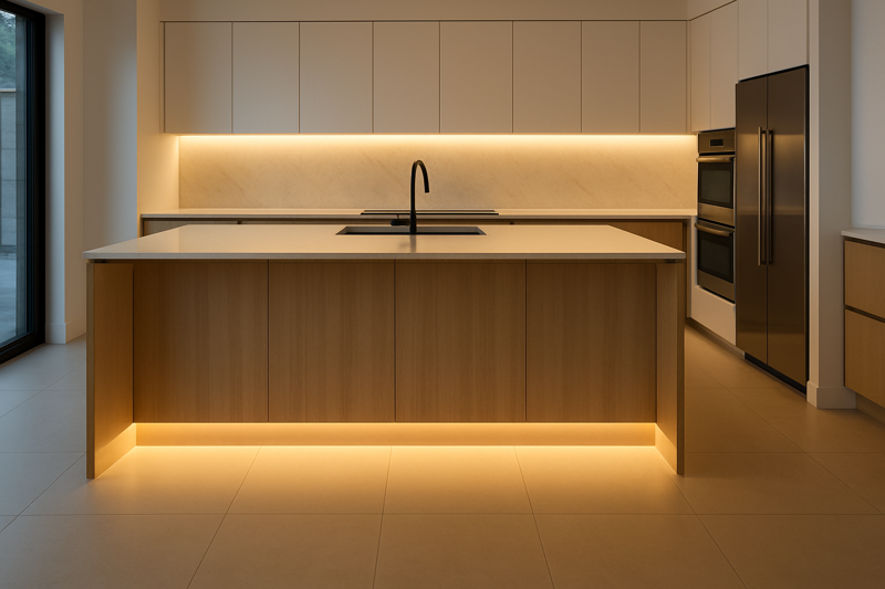 A large, modern kitchen island with LED toe-kick lighting, creating a stunning illusion that the entire island is floating.