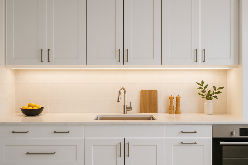 A bright, modern kitchen with flawless under-cabinet lighting provided by a COB LED strip, illuminating the countertop workspace.