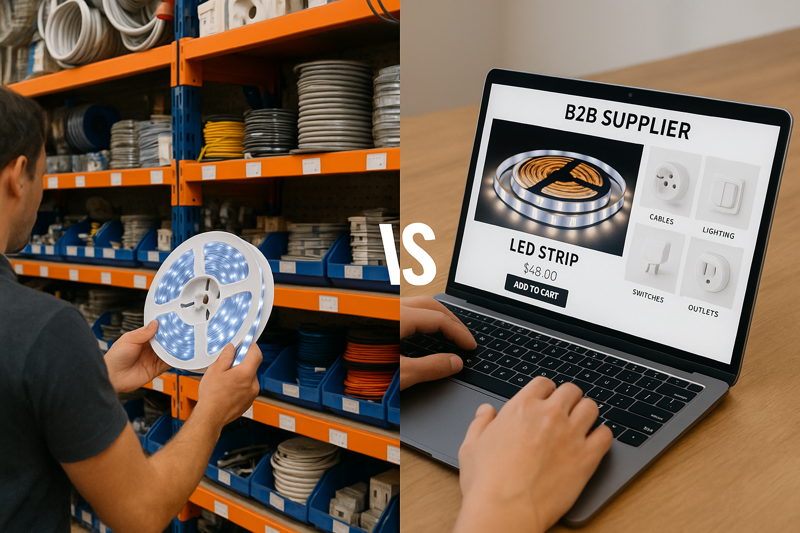 A split image showing a physical electrical supply store on one side and a person browsing an online B2B supplier website on a laptop on the other