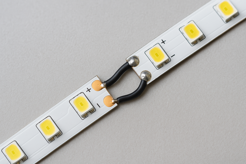 A close-up shot of a cleanly soldered wire jumper connecting two LED strips at a perfect 90-degree angle.