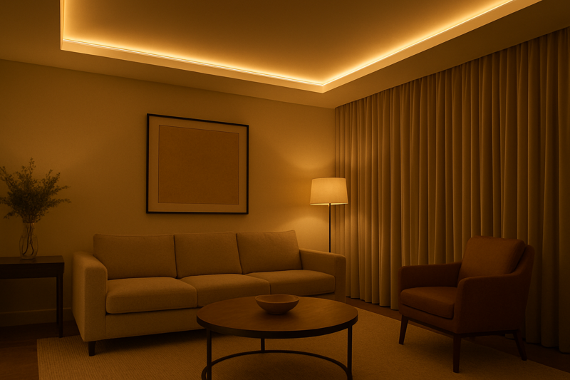 A stunning living room with warm white LED strip lighting in a ceiling cove, providing beautiful indirect illumination.