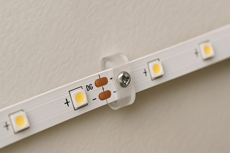 A clear plastic mounting clip holding an LED strip light in place, fastened to the wall with a small screw.