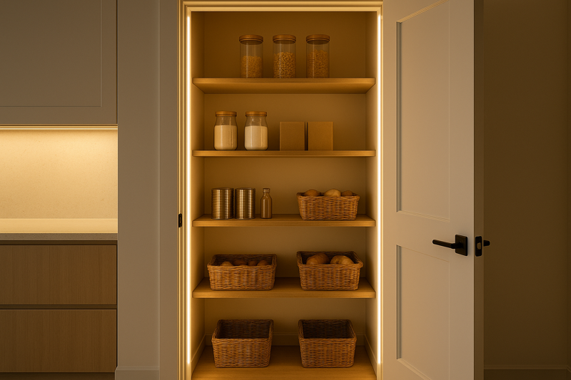 A well-organized pantry with the door open, revealing vertical LED strips along the frame that perfectly illuminate every shelf.