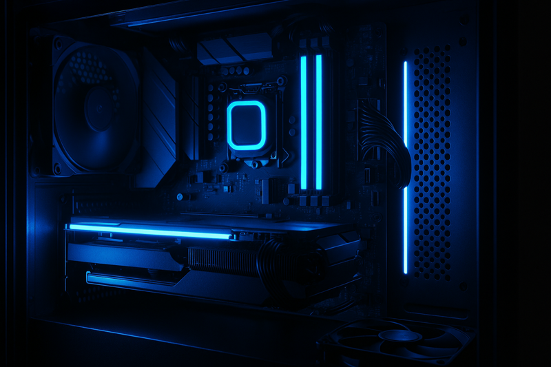 A close-up of the inside of a high-end gaming PC, where short LED strips illuminate the graphics card, RAM, and cooling system in vibrant blue light.