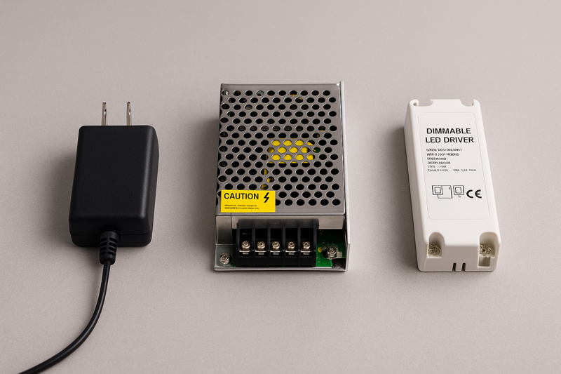 An image showing three different LED power supplies: a small plug-in adapter, a larger metal-cased switching power supply, and a dimmable driver.