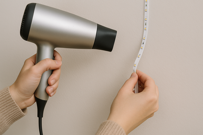 A person using a hairdryer to warm up an LED strip light while slowly peeling it off a painted wall.