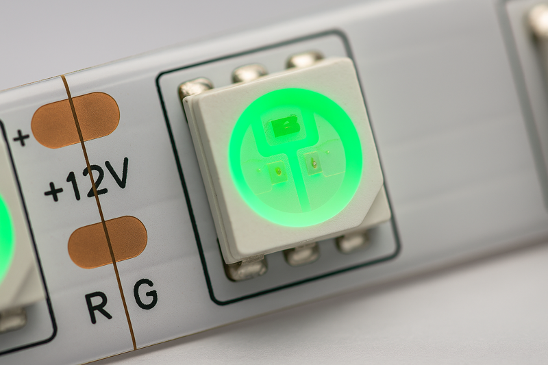 A close-up shot of an RGB LED strip showing the 3-in-1 SMD 5050 chip, displaying a solid green color.