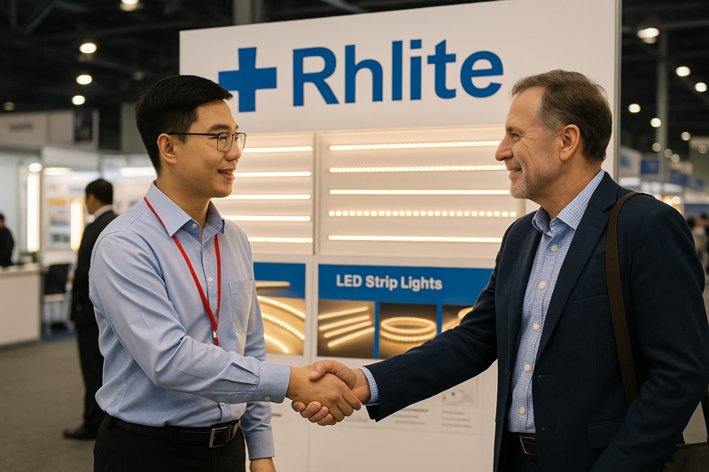 A photo of Jermey (or a stand-in) shaking hands with a client like Tom in front of Rhlite's booth at a lighting trade show.