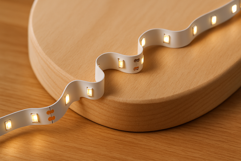 An image showing an S-type or zigzag LED strip effortlessly following a tight curve on a piece of wood.