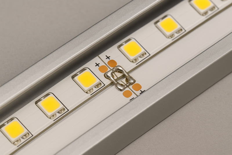 A close-up of two LED strips inside an aluminum channel. The cut ends are close together with small soldered jumper wires neatly connecting the copper pads.