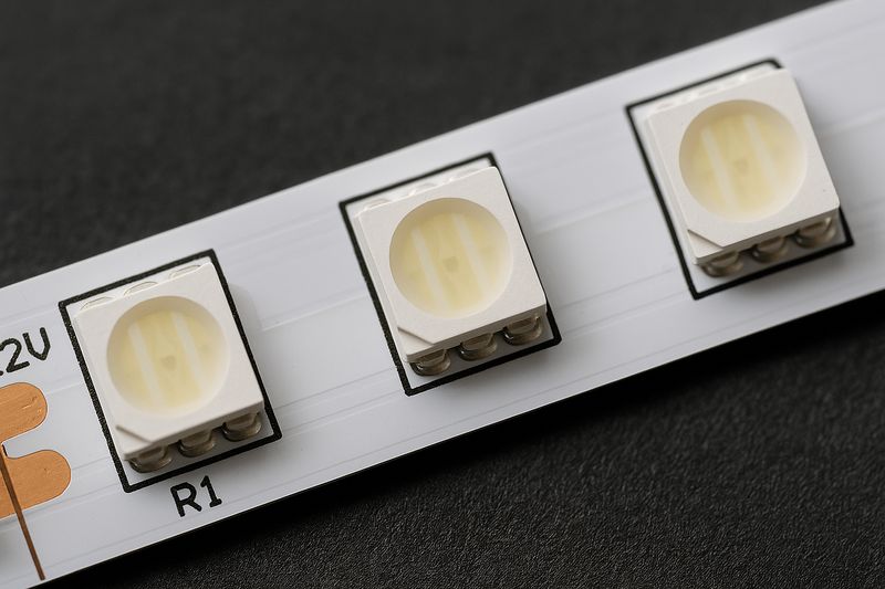A close-up image of a classic SMD 5050 LED strip, clearly showing the square, individually packaged chips lined up in a row.