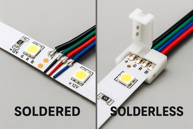 A side-by-side image showing a clean, soldered connection on the left and a plastic solderless connector on the right.