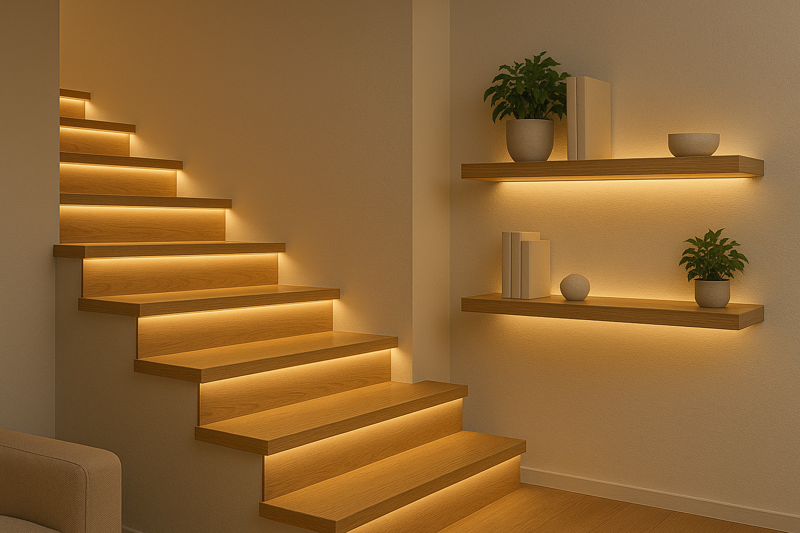 A modern wooden staircase with LED strips neatly installed under the nosing of each tread, creating a safe and beautiful 