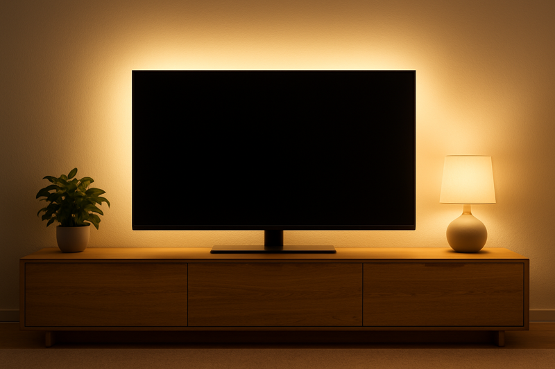 A TV mounted on a wall with subtle, warm white LED backlighting, creating a comfortable and immersive viewing experience.