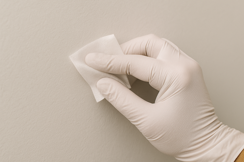 A person wearing gloves wiping a wall surface with an isopropyl alcohol wipe before installation.