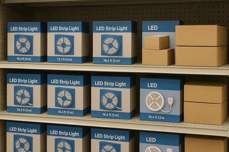 A shelf in a wholesale store with limited options of pre-packaged LED strip light kits.