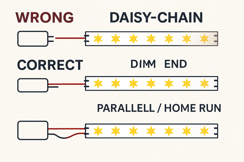 A clear diagram showing two wiring methods: a wrong