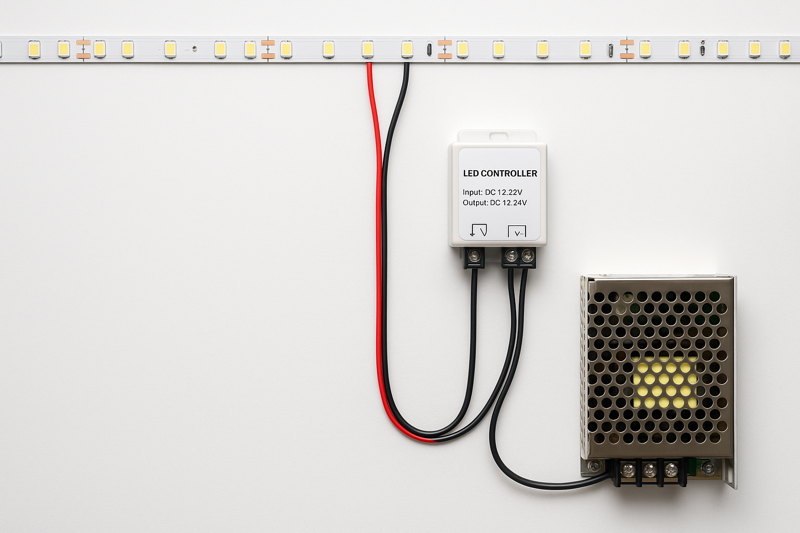 A clean and professional wiring setup showing an LED strip connected to a power supply and a controller, with tidy wiring
