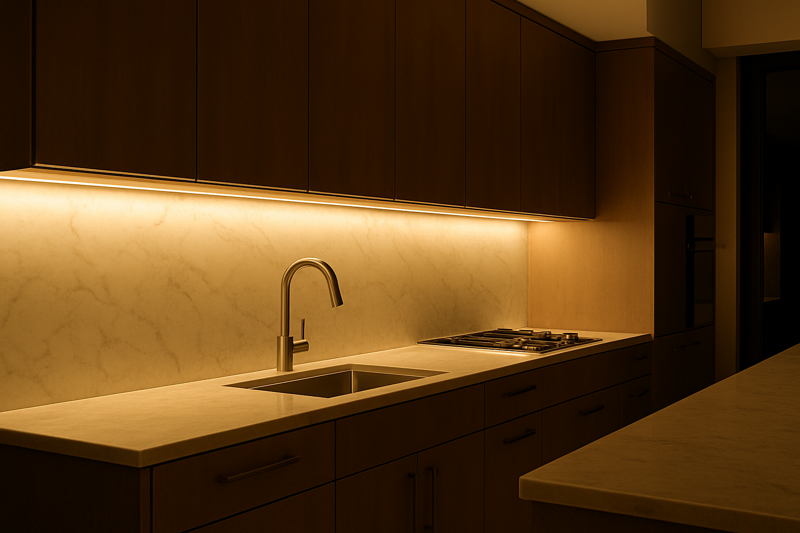 A luxurious modern kitchen at night, showcasing seamless warm white under-cabinet lighting illuminating a marble countertop, with no visible dots or glare