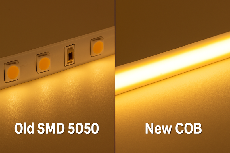 Three tomatoes under different lights. Left: Low CRI light makes the tomato look dull and brownish. Center: High CRI 80 light is better. Right: High CRI 90+ light makes the tomato look rich, vibrant red.
