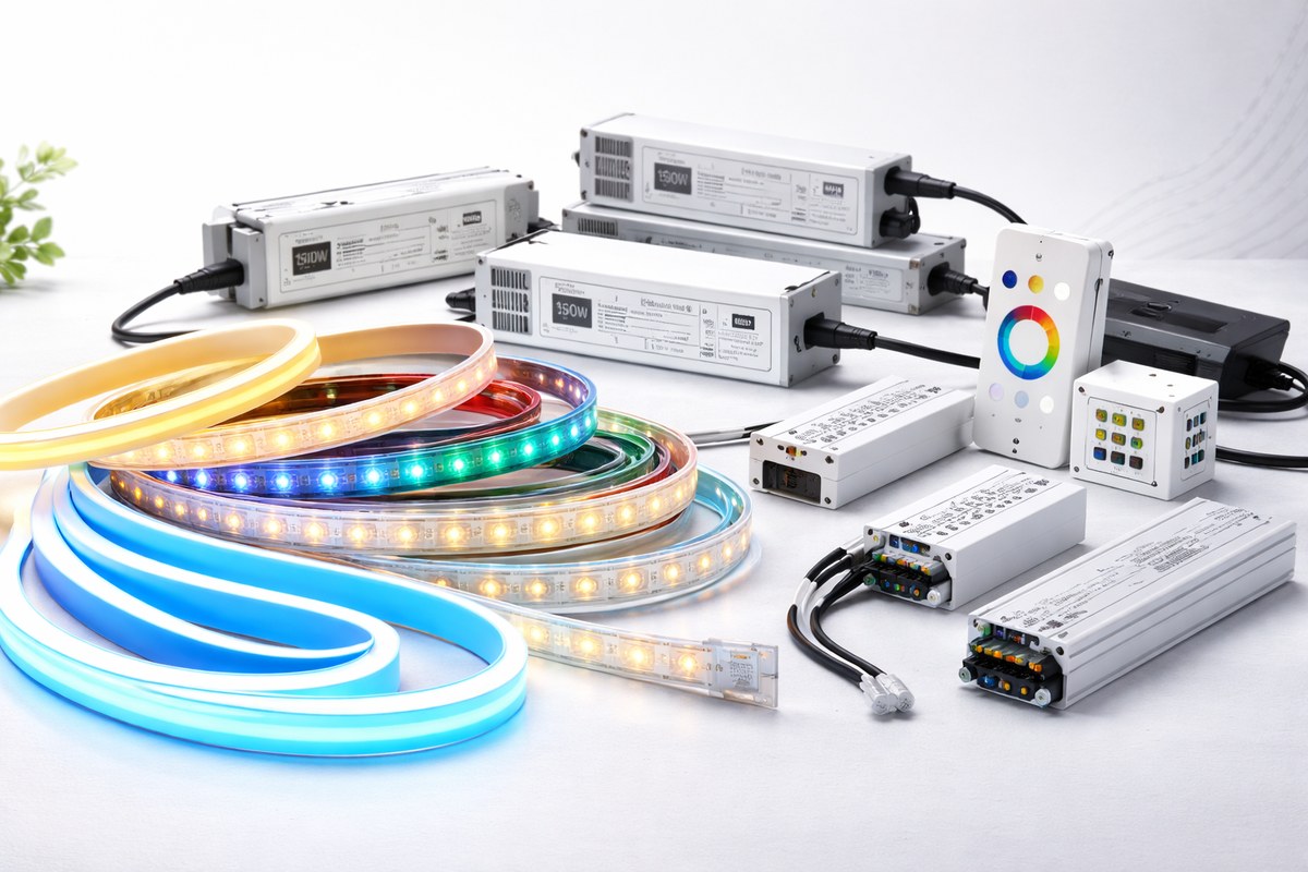 LED strip lights, neon flex, LED power supplies, and controllers displayed for commercial and OEM lighting solutions